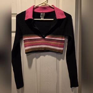BDG Urban Outfitters Black and Pink Striped Ribbed Crop Sweater Long Sleeve M